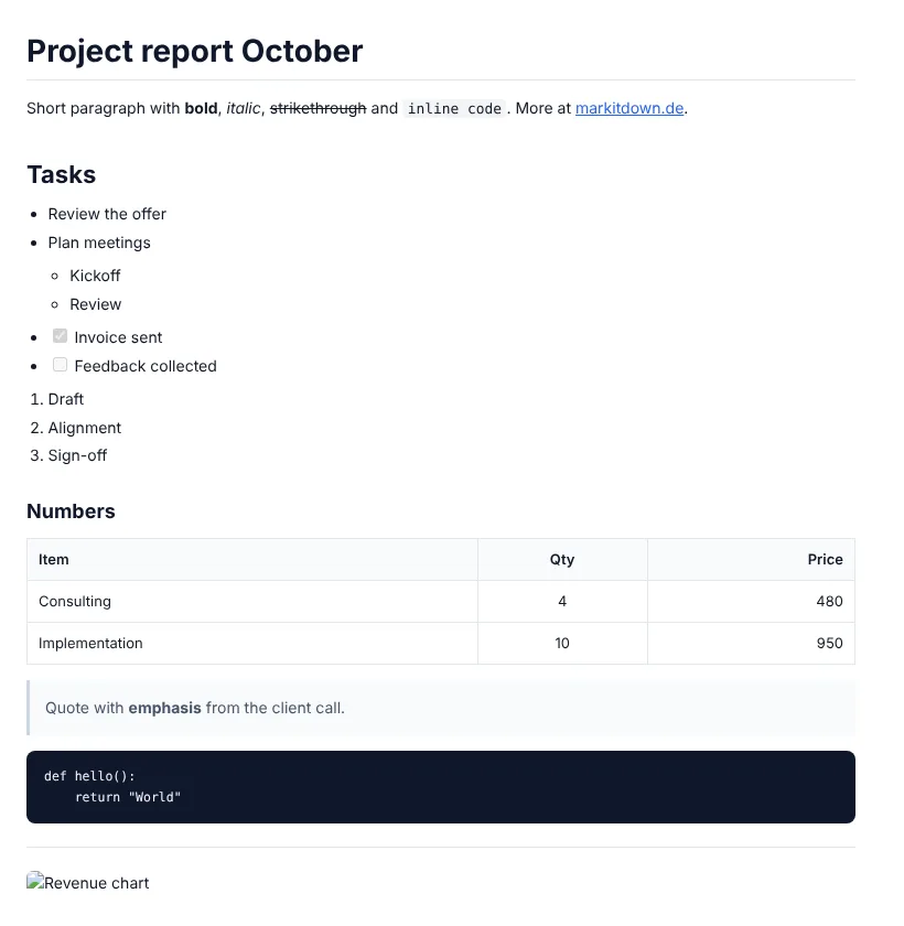 Markdown converted to HTML: test document with headings, a task list and an aligned table in the browser